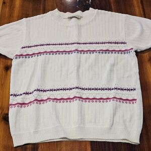 Women's White 80s Sweater with Pink and Blue Accents